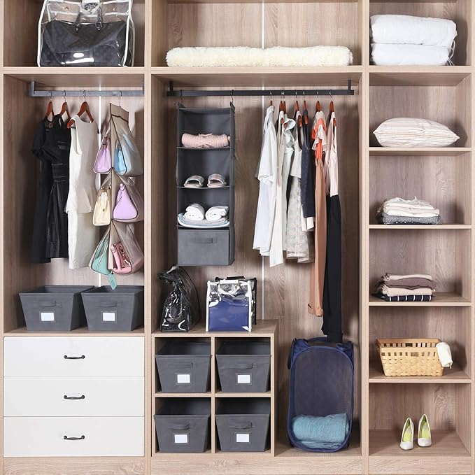 MAX Houser 4-Shelf Hanging Closet Organizer, Space Saver, Cloth Hanging Shelves with 2 Side Pockets, Foldable (Grey)