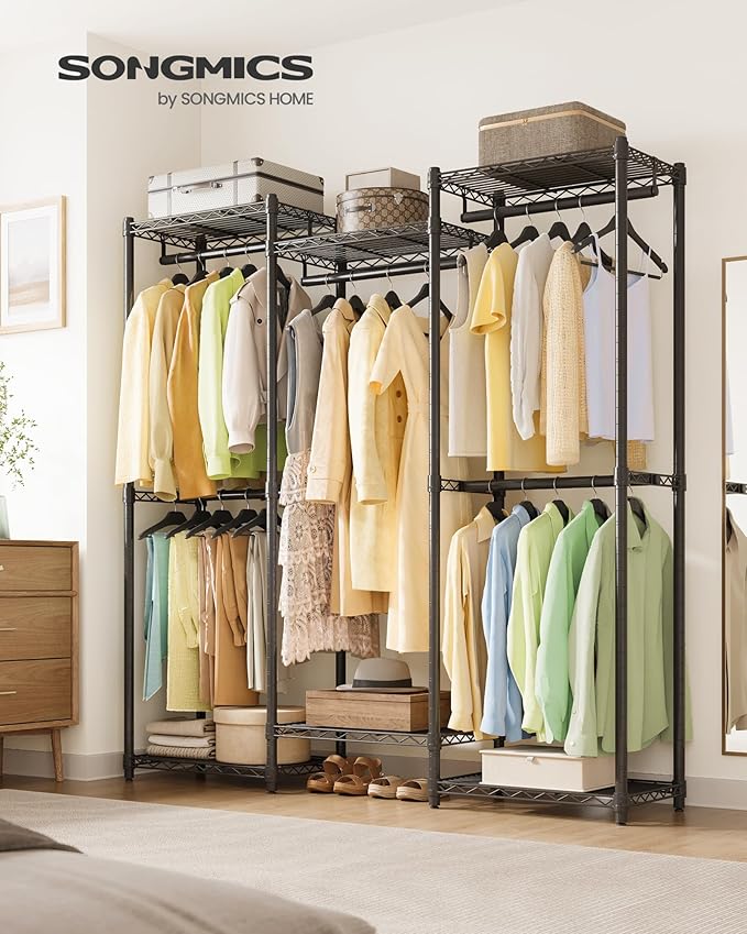 SONGMICS Heavy-Duty Clothes Rack, Garment Rack, Portable Closet, 56.9-Inch Wide Clothing Rack, with Adjustable Mesh Shelves and Hanging Rails, Ink Black ULGR432B01