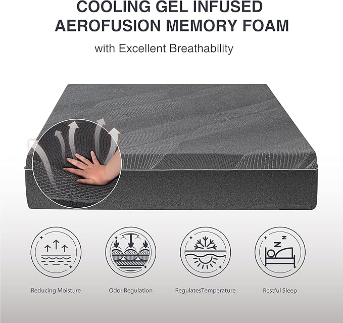 Twin XL Mattress 12 Inch Charcoal Memory Foam in a Box, CertiPUR-US Certified Fiberglass Free, Gel Mattress, Made in The USA of US Foam, 80" × 38" × 12", Medium