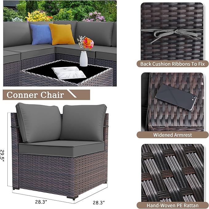 Kurapika 7 Pieces Patio Furniture Set, Rattan Outdoor Conversation Sets w/43in Propane Fire Pit Table and 4 Inch Cushion(Grey)