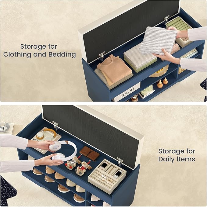 usikey Shoe Bench with Lift Top Storage, Storage Bench with Padded Seat Cushion, Entryway Bench with 2 Adjustable Shelves, for Entryway, Living Room, Bedroom, Blue