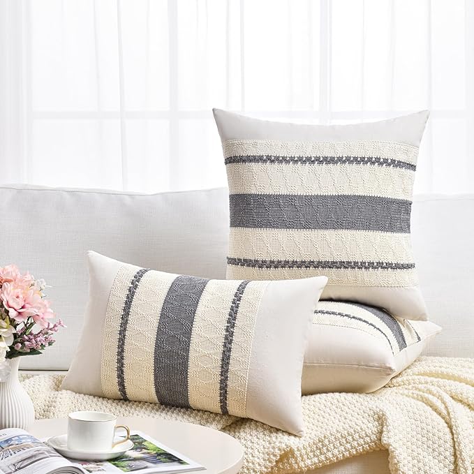 Fancy Homi Set of 2 Neutral Grey Farmhouse Decorative Throw Pillow Covers 18x18 Inch for Couch Bed Chair Indoors, Vintage Country Rustic Retro Room Decor, Soft Thick Cotton Handmade Woven Cushion Case