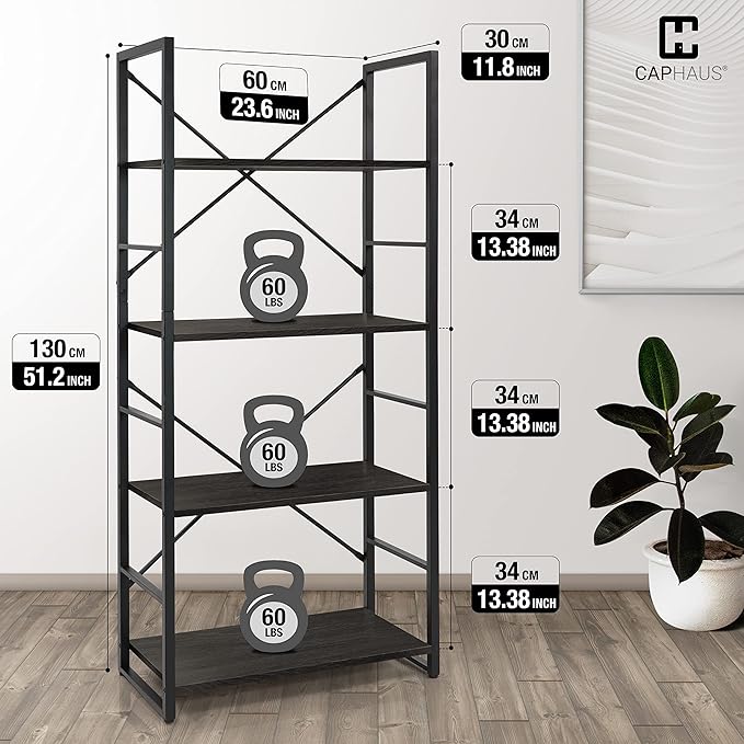 CAPHAUS 4 Tier Bookshelf, 24 Inch Width Free Standing Shelf, Bookcase Shelf Storage Organizer, Industrial Book Shelves for Home Office, Living Room, Kitchen, Black Vintage Shelves & Metal Frame