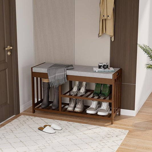 3-Tier Bamboo Shoe Rack Bench, Shoe Storage Organizer Bench, Entryway Benchs, Shoes Rack for Front Door Entrance, Entryway Bathroom Bedroom