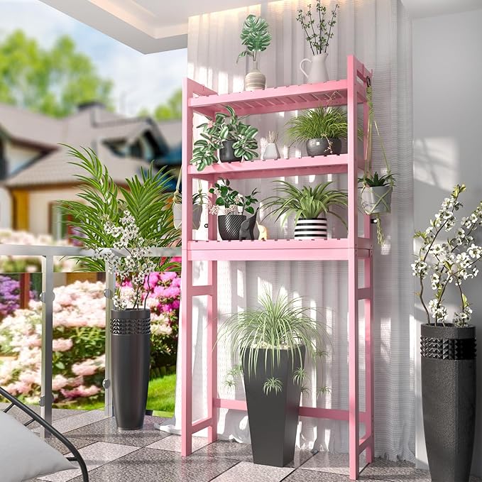 Homykic Bamboo Over The Toilet Storage Shelves, 3-Tier Above Toilet Storage Organizer Rack with 3 Hooks, Freestanding Bathroom Tower Shelf Unit for Small Space, No Rust, Easy to Assemble, Pink