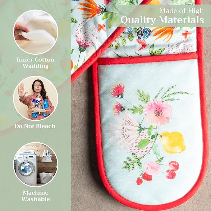 Maison d' Hermine Double Oven Mitts 100% Cotton 7"x35" Double Oven Mitt BBQ Cooking Gloves with Loop, Baking, Grilling, Handling Hot Pans, Jardin D'Ete - Mint - Spring/Summer