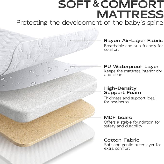 BabyBond Baby Bassinet, 3 in 1 Bassinet Bedside Sleeper with Washable Soft Mattress and Sheet, 6 Height Adjustable Bedside Crib, 4-Sided Mesh Bedside Bassinet for Baby