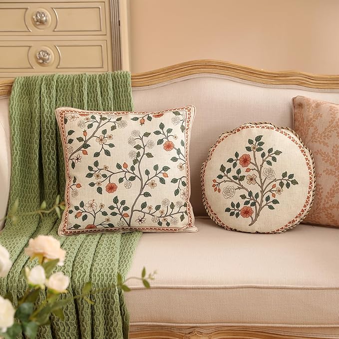 Design Linen Classic Throw Pillow Covers Diameter 16", French Farmhouse Round Cushion Covers with Orange White Floral Pattern Decor Pillowcases for Bed,Living Room,Outdoor,Car