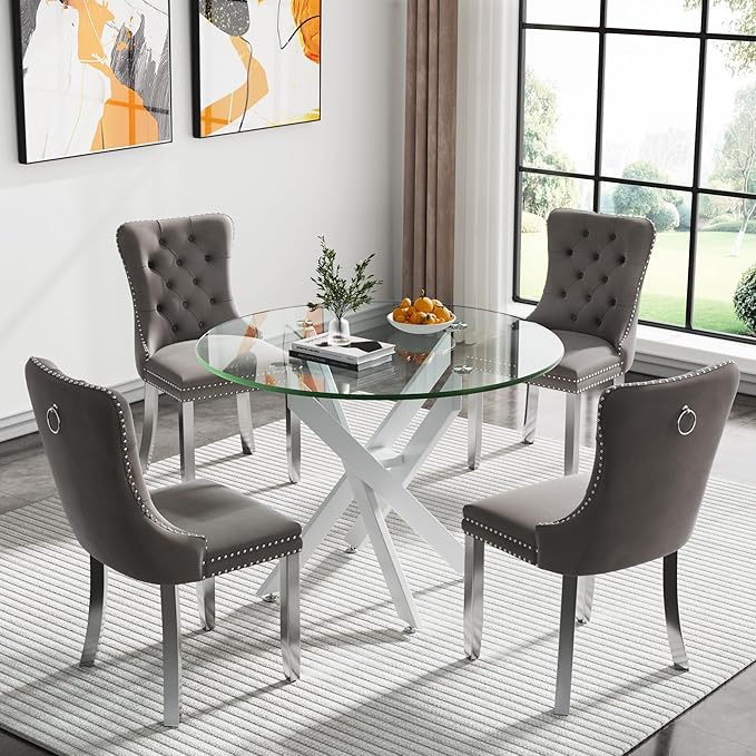 Modern Round Glass Dining Table with Tempered Glass Top and Metal Legs - Perfect for Home, Kitchen, or Dining Room