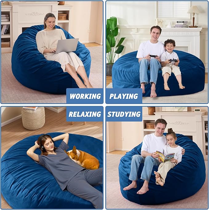 7FT Bean Bag Chair with Ultra Soft Velvet Cover Bean Bag Sofa with Memory Foam Bean Bag Chairs with Large Size Lazy Sofa for Dorm Office Living Room Bedroom Blue 7'