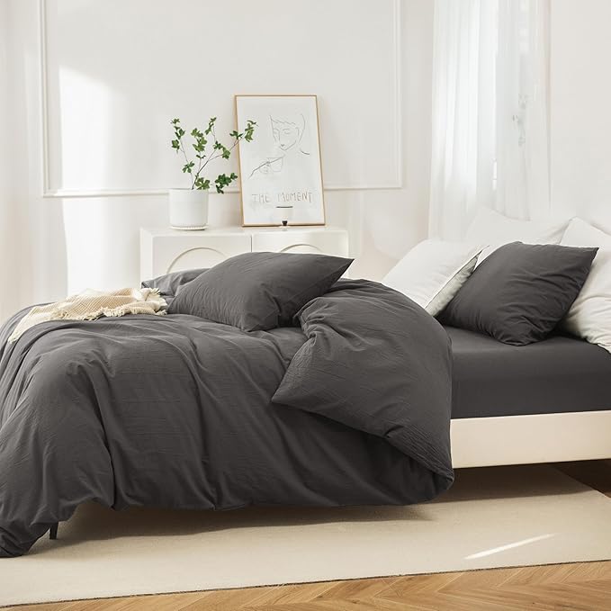 JIYUAN 100% Washed Cotton Duvet Cover Set 3 Pieces Full, 1 Duvet Cover 80x90 Inches(Comforter Not Included) and 2 Pillowcases,Linen Feel Bedding Set Comfy and Breathable,Solid Dark Grey