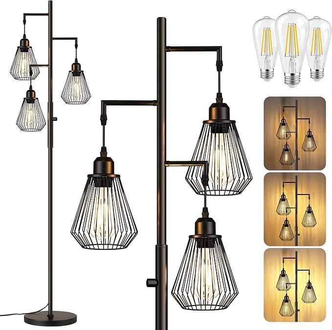 QiMH Industrial Floor Lamps for Living Room, Tree Standing Lamp with Stepless Dimmable, 68" Modern Tall Lamps for Bedroom Study Home Office, Rotary Switch, 3 LED Bulb Included, Black