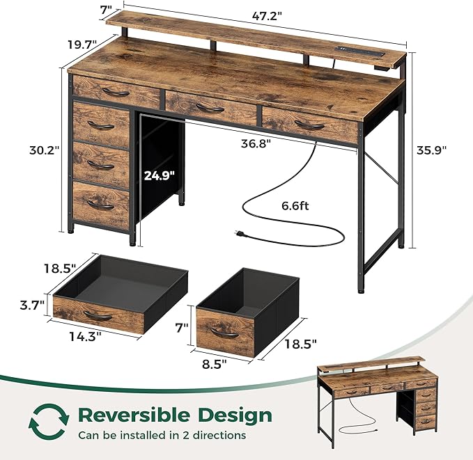 Huuger Gaming Desk with 6 Drawers, Computer Desk with LED Lights Power Outlets and Type-C, 47 Inch Office Desk with Storage, Monitor Stand, Writing Desk Work Desk for Home Office, Study, Rustic Brown