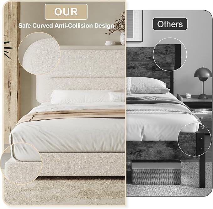 HOMBCK Queen Bed Frame with Headboard, Boucle Upholstered Soft Platform Bed Frame with Thickened Footboard, Rounded Corners Design, No Box Spring Required, Easy Assembly, Cream