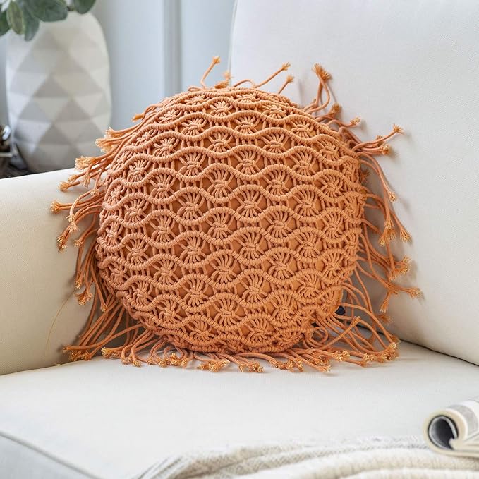 Phantoscope 100% Cotton Handmade Crochet Woven Boho Throw Pillow with Tassel Cute Farmhouse Pillow Insert Included Lumbar Small Decorative Cushion for Couch Sofa, Orange,16 inches Round