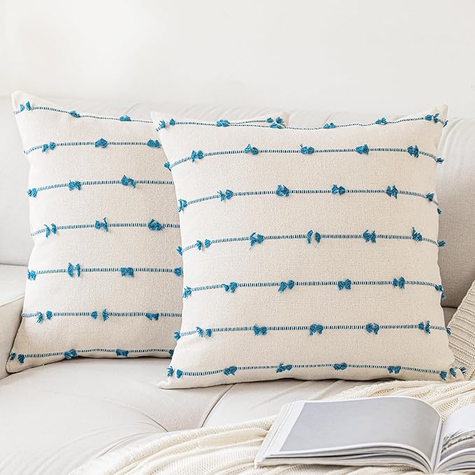 Boho Throw Pillow Covers 26x26 Set of 2 Modern Farmhouse Decorative Cushion Case Tufted Square Pillows Cover Neutral Pillow Cases Accent Pillowcase for Sofa,Couch,Bed,Beige and Blue