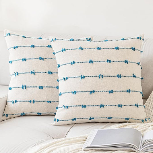 Boho Throw Pillow Covers 26x26 Set of 2 Modern Farmhouse Decorative Cushion Case Tufted Square Pillows Cover Neutral Pillow Cases Accent Pillowcase for Sofa,Couch,Bed,Beige and Blue