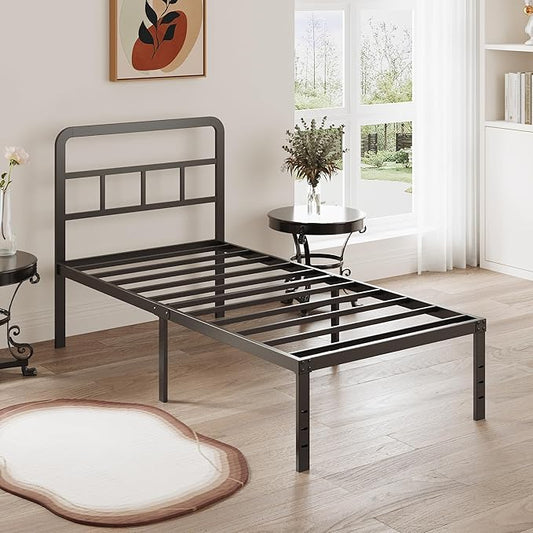 16 Inch Twin XL Bed Frame with Headboard No Box Spring Needed Metal Platform Heavy Duty Steel Slat Mattress Foundation/Easy Assembly/No Noise/Black