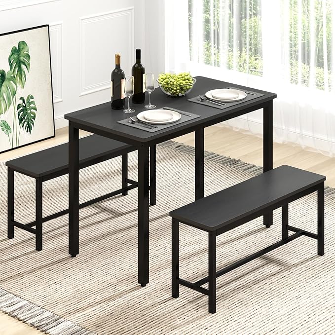 Rovibek 43" Dining Table Benches Set for 4, Modern Space Saving Kitchen Table Chairs & Adjustable Feet Breakfast Table 2 Benches, Wooden Industrial Style Farmhouse, Black