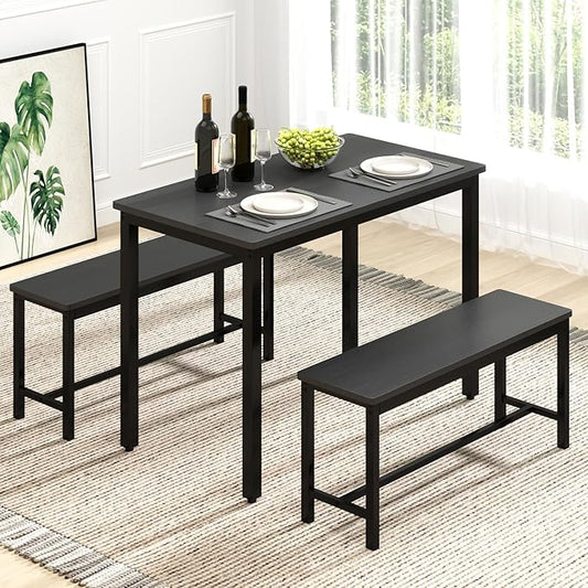 Rovibek 43" Dining Table Benches Set for 4, Modern Space Saving Kitchen Table Chairs & Adjustable Feet Breakfast Table 2 Benches, Wooden Industrial Style Farmhouse, Black