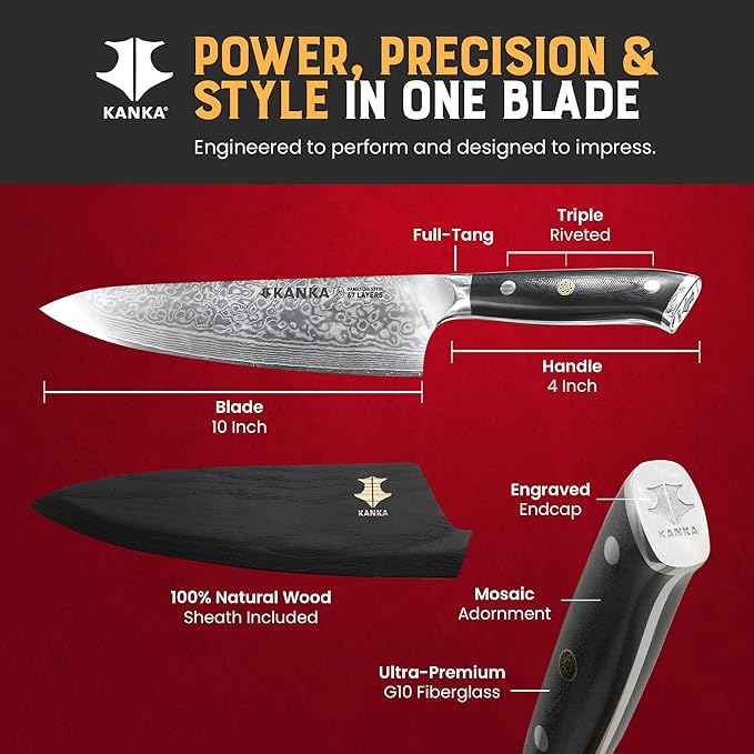 KANKA 10-inch 67 Layers Damascus Steel Profesional Chef Knife - Extra Long, G10 Black Fiberglass Handle, Razor Sharp Knife. Wood Sheath Included.