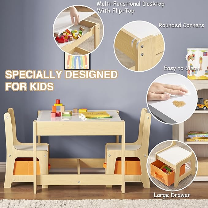 Kids Table and Chair Set, 3 in 1 Children Activity Table with Storage Drawer, 2 in 1 Tabletop Removable Blackboard for Crafts, Arts, Drawing, Reading, Toddler Table and Chair Set for Boys & Girls