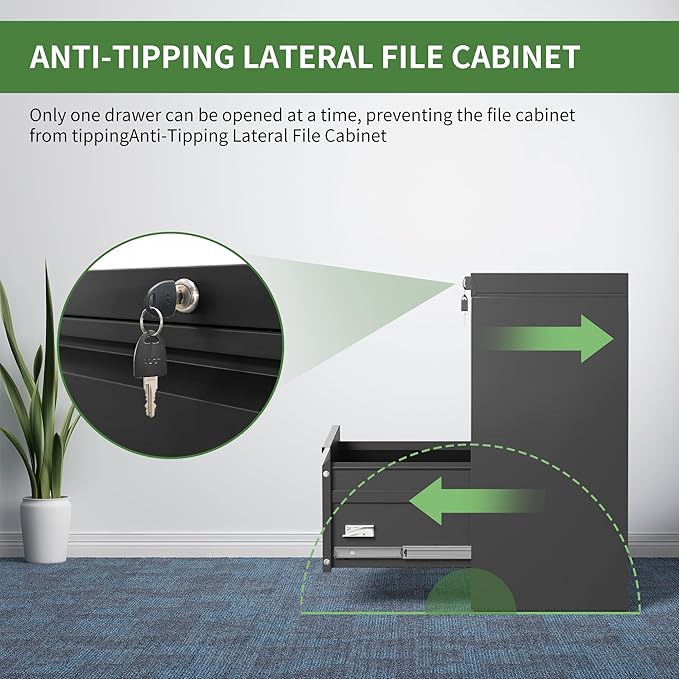 Lateral File Cabinet with Lock,2 Drawer Metal Filing Cabinets, Home Office Storage Cabinet for Hanging Files Letter/Legal/F4/A4 (Black)