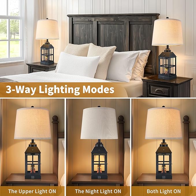 25" Farmhouse Table Lamps for Living Room, Black Lamps Set of 2 with USB Port and Nightlight, Rustic Table Lamp for Bedroom, Bedside Lamp for Nightstand, End Table, Home, Office, LED Bulbs Included