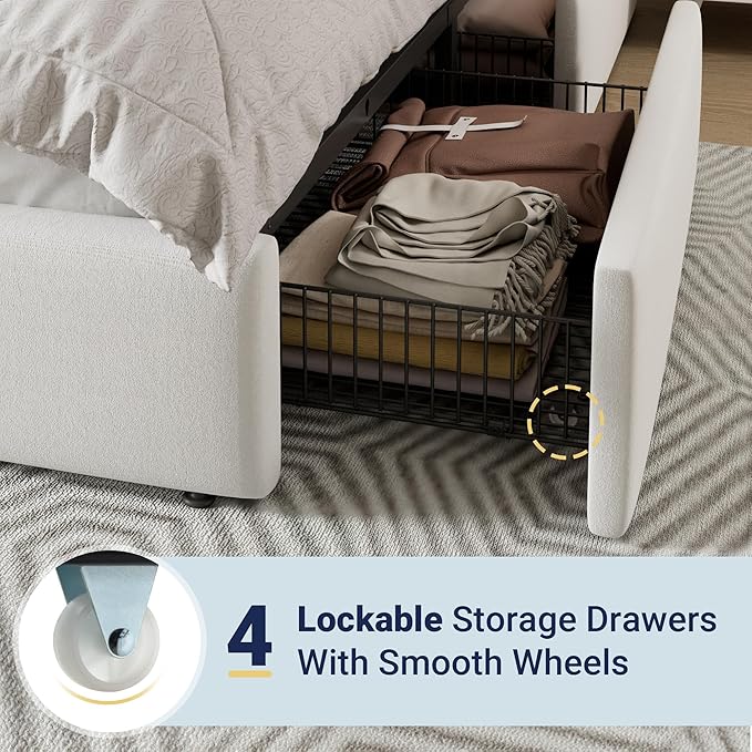 Allewie Modern Full Size Platform Bed Frame with 4 Storage Drawers and Velvet Upholstered Headboard, Wooden Slats Support, Upholstered Mattress Foundation/No Box Spring Needed/Easy Assembly, White