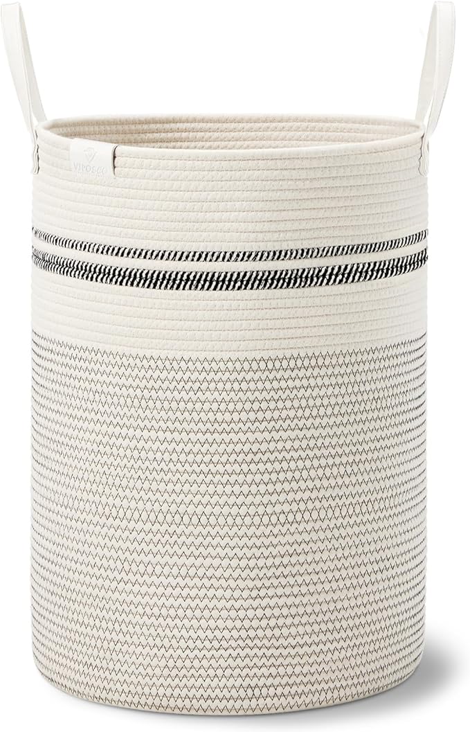VIPOSCO Tall Laundry Basket, Large Dirty Clothes Hamper with Leather Handle, Woven Rope Storage Basket for Blanket, Toy In Living Room, Bathroom, Bedroom - 72L Stripe White