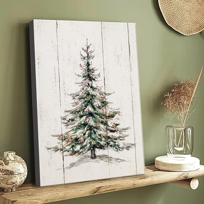 Retro Christmas Tree Canvas Wall Art - Vintage Pine Forest Framed Canvas Prints for Farmhouse Living Room, Rustic Christmas Wall Decor, Cozy Winter Decor & Ideal Christmas Gifts
