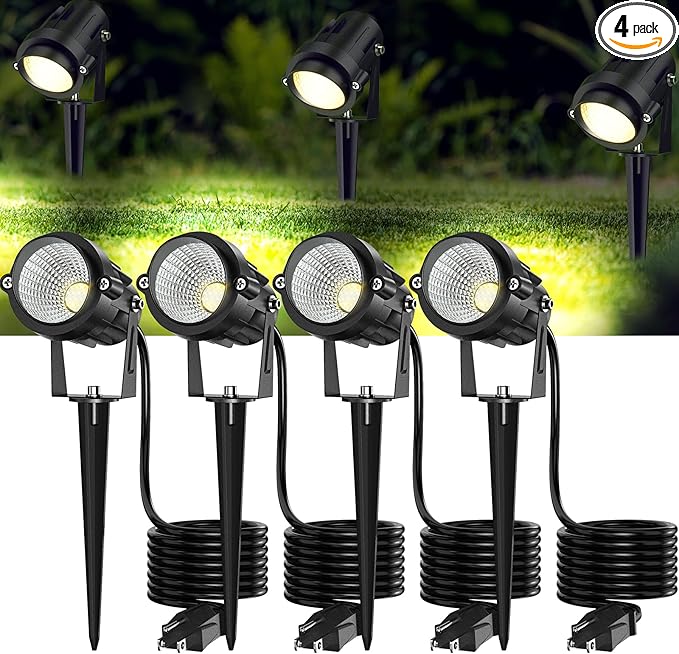 High Brightness 1000LM Outdoor Spot Lights for Yard, 3500K Warm White Spot Lights Outdoor with 4.9FT Electric Cord, 10W LED IP66 Waterproof Landscape Spotlights for Garden Tree Flag - 4 Pack