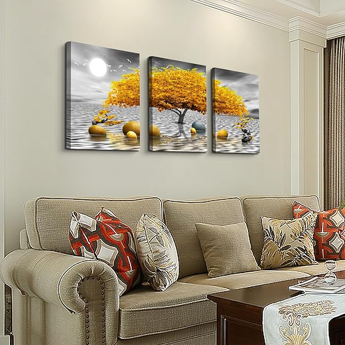 Wall decorations for living room Canvas Wall Art for bedroom Abstract wall decor Black and white Canvas Art Yellow tree paintings bathroom Home Decoration 3 Piece Hang Pictures Office Wall Artworks