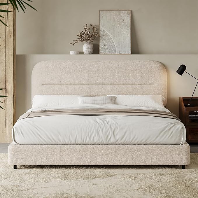 HOMBCK Full Size Boucle Bed Frame, Upholstered Cloud Bed with Headboard, Soft Bed Frames, Modern Style/Thickened Footboard/Rounded Corners Design/No Box Spring Required/Easy Assembly, Beige