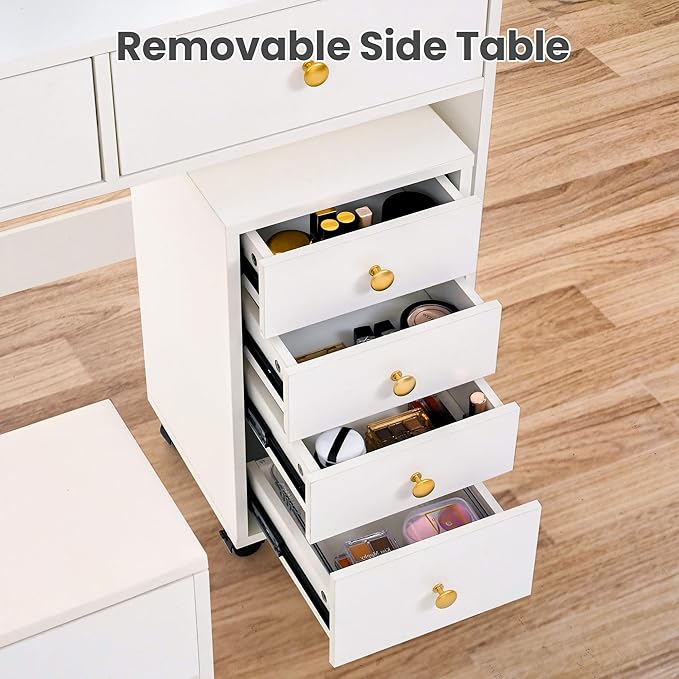 Pamapic Vanity Desk with File Cabinet, 8 Drawers Makeup Vanity with Mirror and Lights,3 Lighting Modes Dressing Table with Chair, Power Outlet, Silent Slides, White