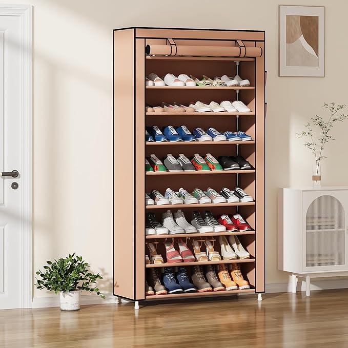 Laiensia 9-Tier Vertical Shoe Rack Organizer, Space Saving Shoe Storage Organizer, Non-Woven Cover Shoe Shelf Holds 36-45 Pairs for Bedroom, Hallway, Closet Entryway, Brown