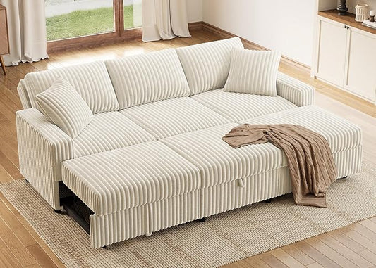 HONBAY Sectional Sleeper Sofa with Pull Out Bed, L Shaped U Shaped Couch with Storage Ottoman, Velvet White