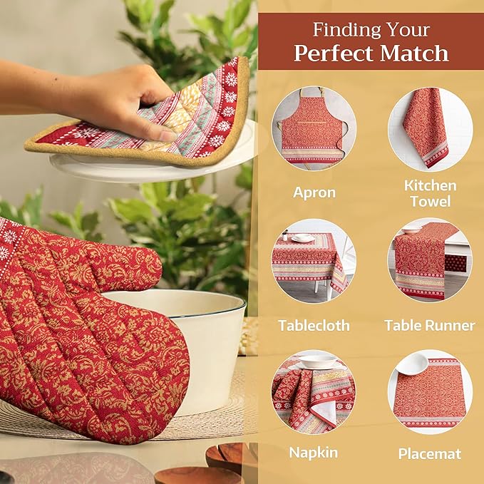 Maison d' Hermine Oven Gloves 100% Cotton Oven Mitt 7" x 13" with Loop Heat Resistant BBQ Cooking Gloves for Thanksgiving Christmas Decorations Baking Handling Hot Pans (Pack of 1, Sofia)