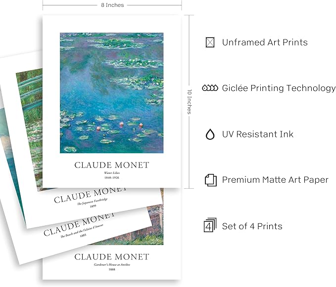 EVOLE HOME Claude Monet Art Prints, Set of 4 Wall Art, Unframed 8x10 Prints, Giclée Prints, Impressionism Art Poster for Home Decor, Office Wall Decor, Gift for Men, Women