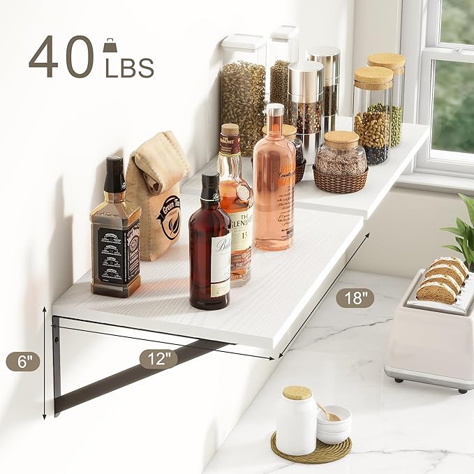 Fun Memories White Floating Shelves 18 Inch Long, Rustic Floating Shelf with Brackets, 12 Inch Deep Wall Shelves, White Bathroom Shelves, 18 x 12 Storage Shelf for Kitchen, Living Room, Set of 2