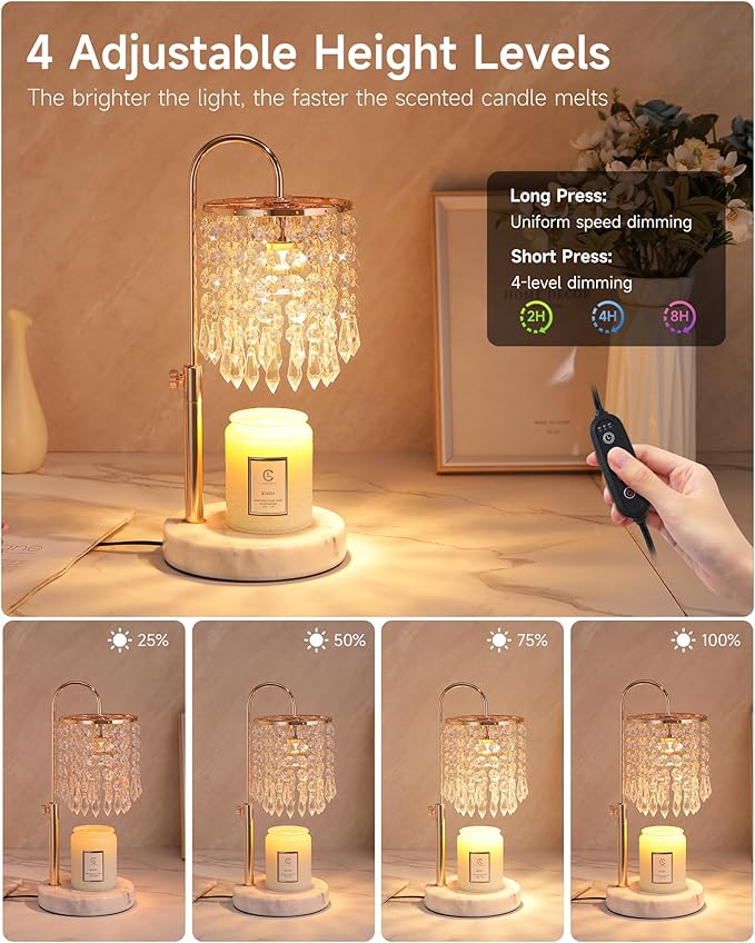 Candle Warmer Lamp with Timer Dimmer and 3 Bulbs, Lamp Candle Warmer with Marble Base for Adjustable Height, Crystal Candle Warmer Lamp for Jar Candles, House Warming Decor Gifts, French Gold
