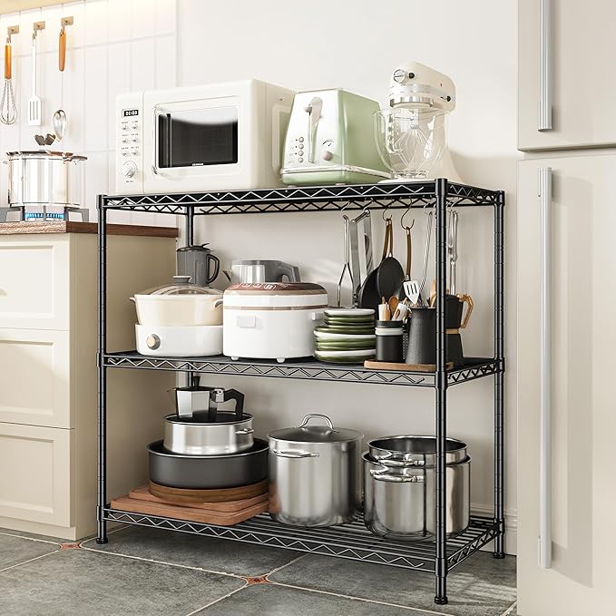 3- Shelf Metal Shelving Unit Adjustable Storage Shelves Heavy Duty Garage Shelving Steel Wire Shelving for Laundry Bathroom Kitchen Pantry Closet Garage Black, 35.6Wx14Dx36H