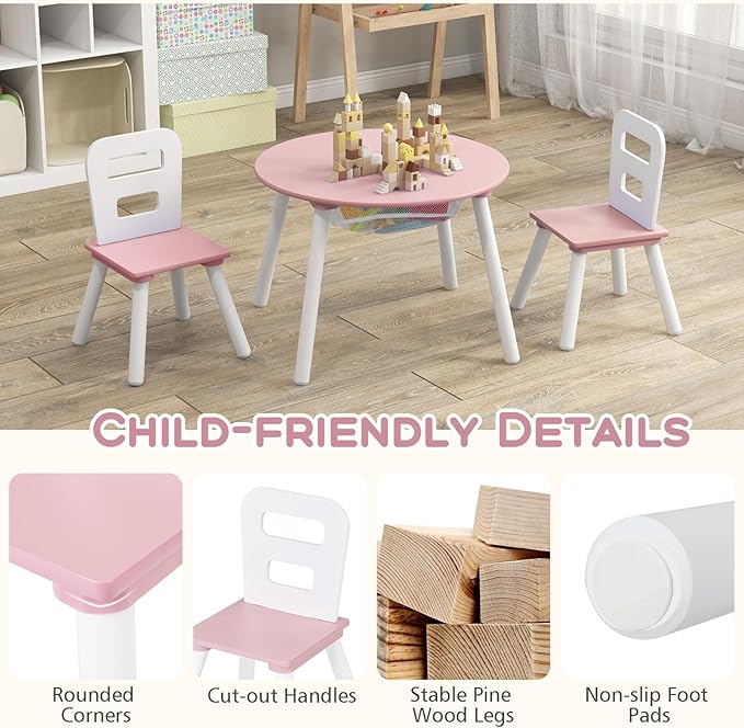 Costzon Kids Table and Chair Set, Wood Activity Table w/Center Mesh Storage, Children Furniture Gift for Boys & Girls, Ideal for Arts, Crafts, Snack Time, Homework, Toddler Table and Chair Set (Pink)