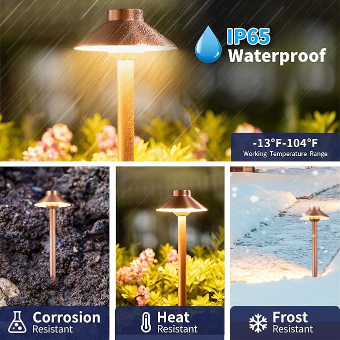 Brass Path Lights Copper, Low Voltage LED Landscape Pathway Lights, 12V Outdoor Waterproof Landscape Lighting(Hat) for Walkway Driveway Garden Yard Without G4 Bulb
