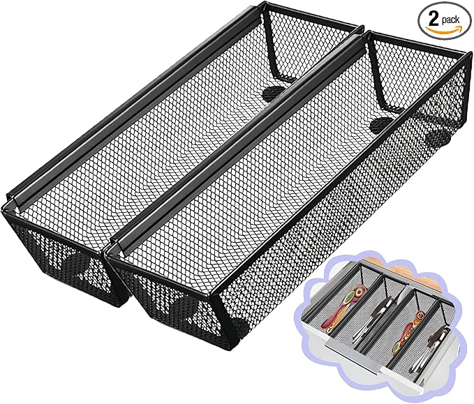2PCS Drawer Organizer, Mesh Drawer Organizer with Interlocking Arm for Utensil, Cosmetic, Flatware, Pen (9 * 3 * 2 Inches, Black)