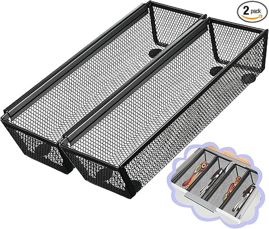 2PCS Drawer Organizer, Mesh Drawer Organizer with Interlocking Arm for Utensil, Cosmetic, Flatware, Pen (9 * 3 * 2 Inches, Black)