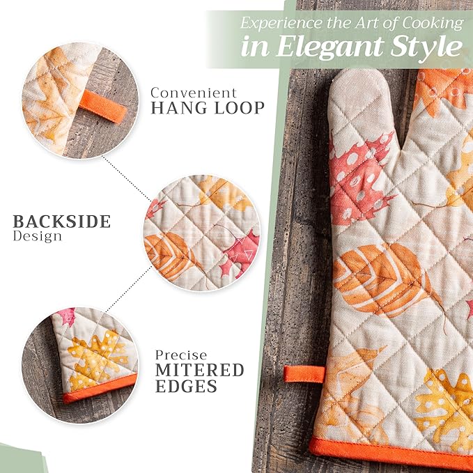 Maison d' Hermine 100% Cotton Oven Mitt & Pot Holder Set (7.5"x13" & 8"x8") Heat Resistant BBQ Cooking Gloves with Loop for Thanksgiving Christmas Decorations Handling Hot Pans (Colours of Autumn)