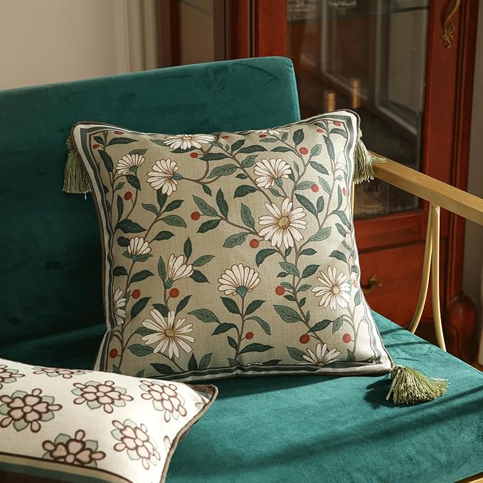 Design Square Green Floral Linen Throw Pillow Covers 18"x18" Pack of 2, White Simple Elegant Daisy Pattern Cushion Covers Decor Pillowcases for Bed,Living Room,Outdoor,Car