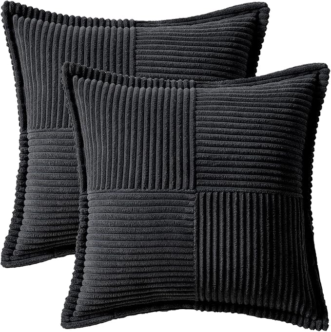 MIULEE Decorative Throw Pillow Covers for Couch Bed Livingroom 16x16 Inch Set of 2 Black Boho Accent Throw Pllows Broadside Striped Patchwork Soft Corduroy Pillowcases