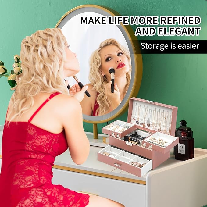 Dajasan Jewelry Organizer Box, Jewelry Box Organizer for Women Girls, 3 Layers Large Jewelry Storage Case for Earring, Rings, Necklaces Bracelets, Watch (Rose Gold)